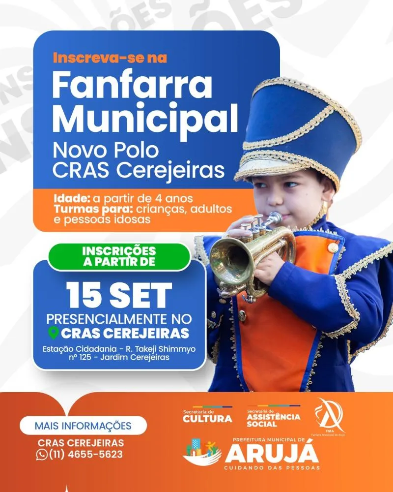 Prefeitura abre inscrições para novo polo da Fanfarra Municipal no CRAS Cerejeiras