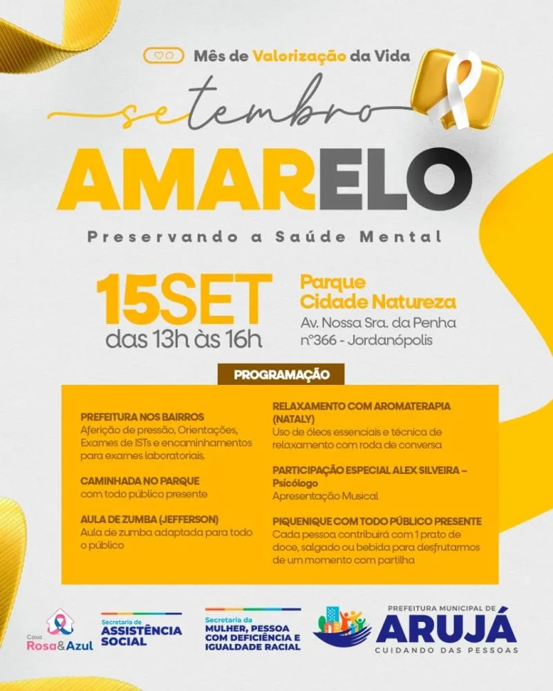 Arujá: Prefeitura promove ação do Setembro Amarelo no Parque Cidade Natureza