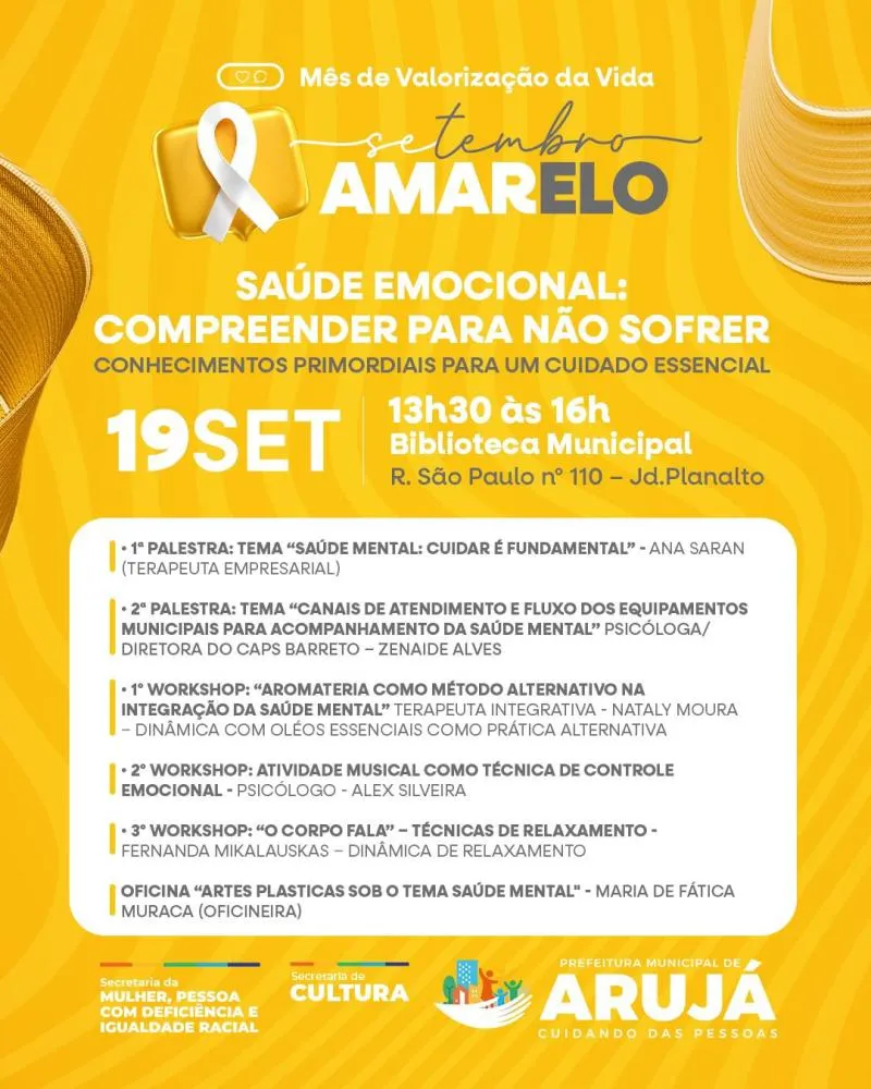 Arujá terá programação do Setembro Amarelo com palestras e oficinas