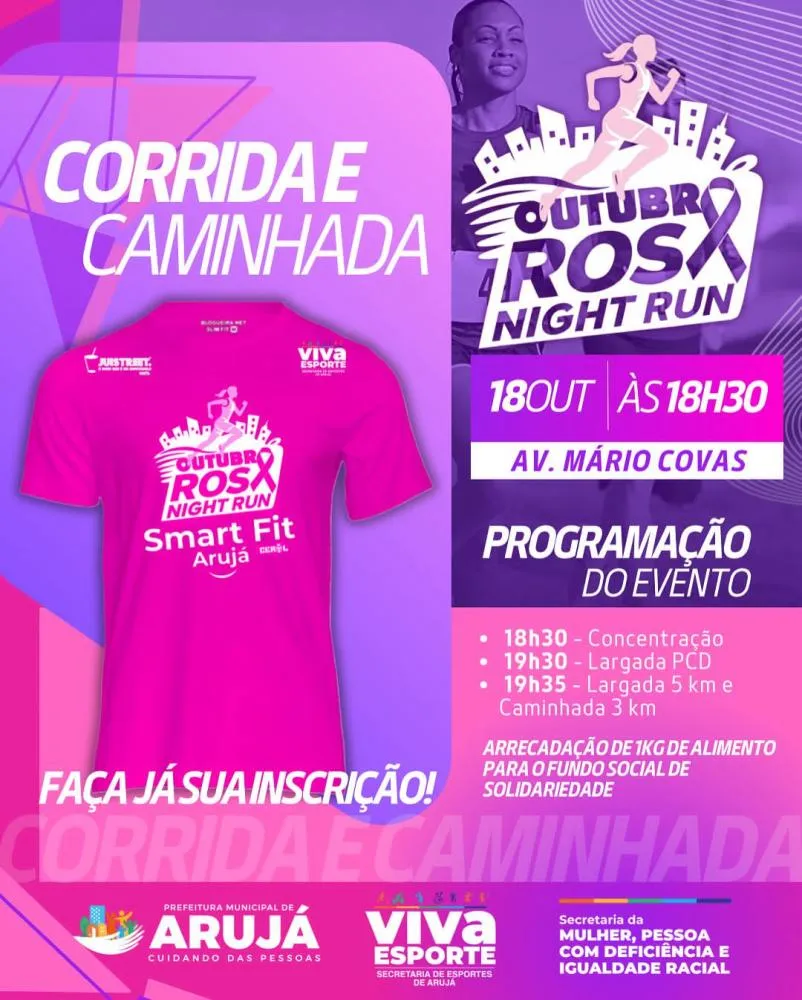 Arujá sedia Night Run Outubro Rosa para conscientização sobre prevenção e diagnóstico precoce do câncer de mama