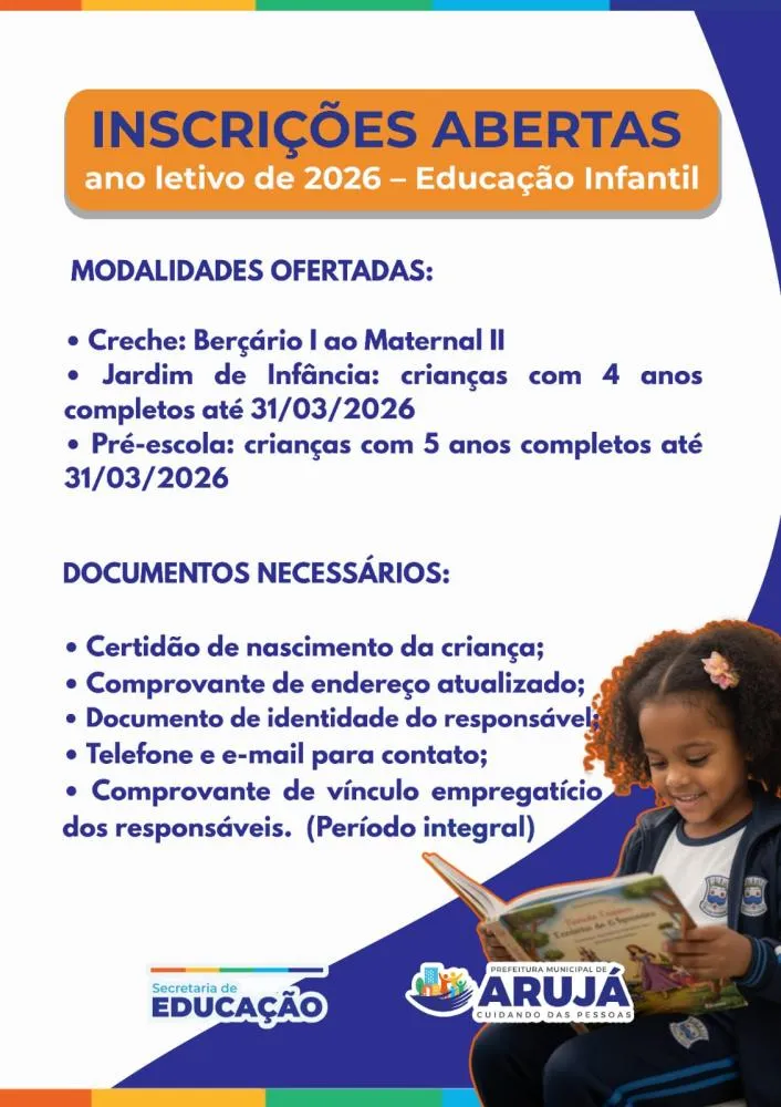 Arujá está com inscrições abertas para o ano letivo de 2026 na Educação Infantil