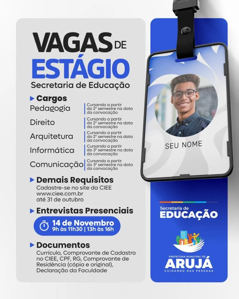 Último dia para inscrições em estágio na Secretaria de Educação de Arujá